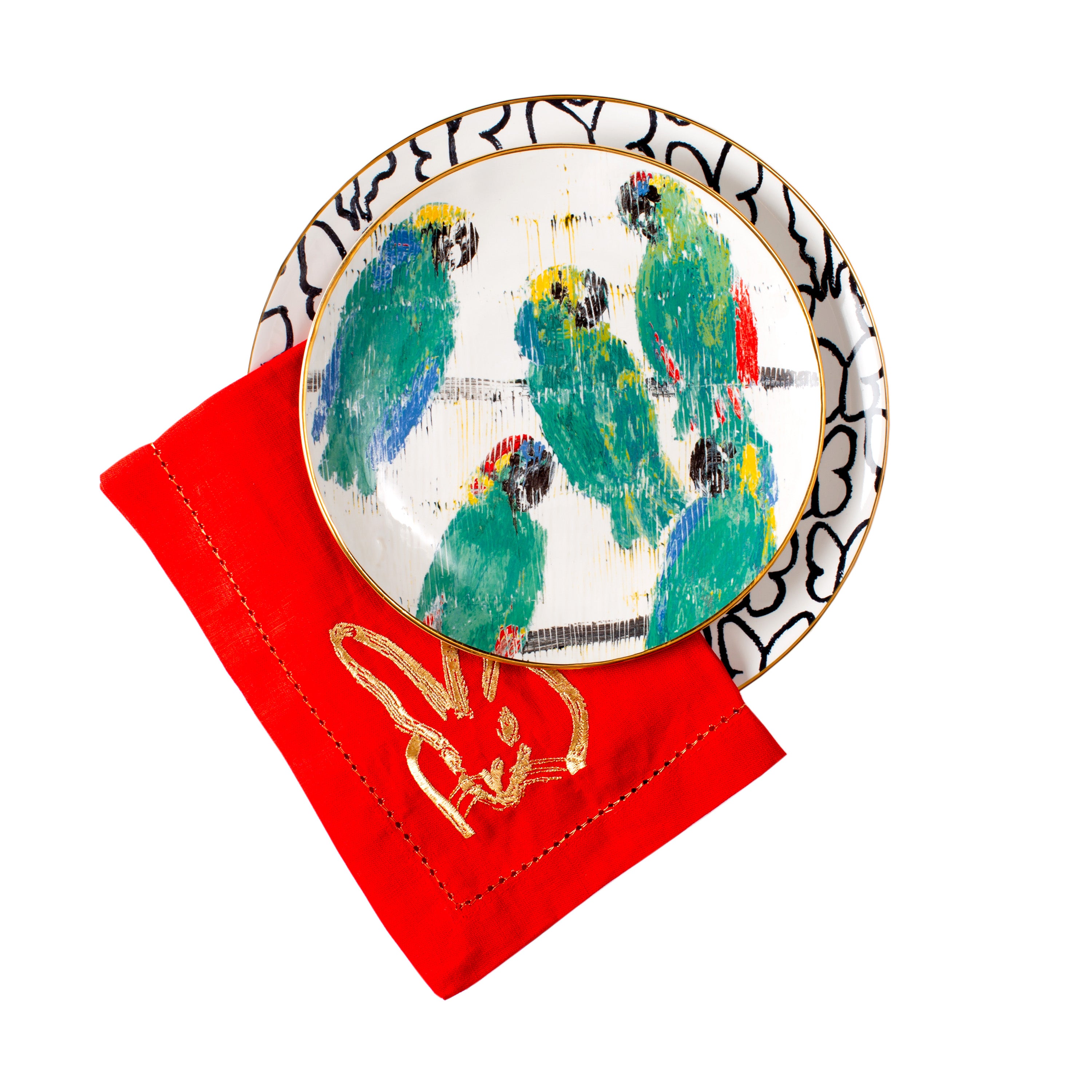 Parrot Accent Plate with Hand-Painted Gold Rim, Set of 2