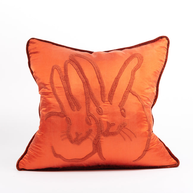 Hand Embroidered Silk & Velvet Bunny Pillow - Orange, 18 x 18