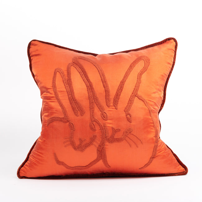 Hand-Embroidered Silk & Velvet Bunny Pillow, Orange, 18 x 18