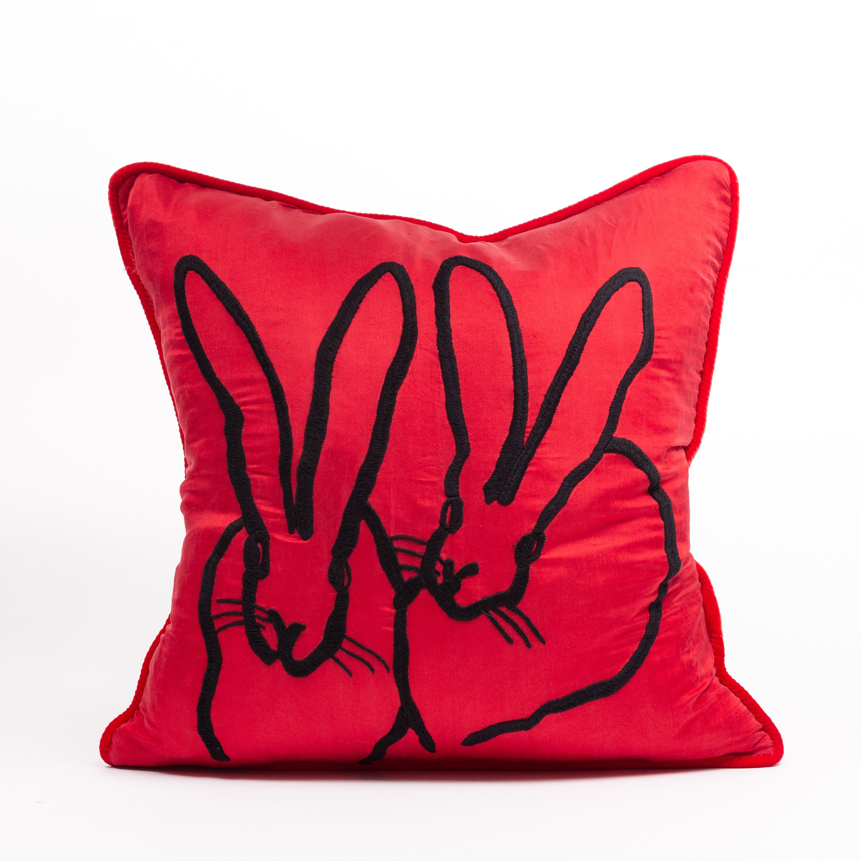 Hand-Embroidered Silk & Velvet Bunny Pillow, Red, 18 x 18 – Hunt Slonem