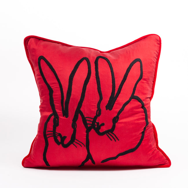 Hand-Embroidered Silk & Velvet Bunny Pillow, Red, 18 x 18