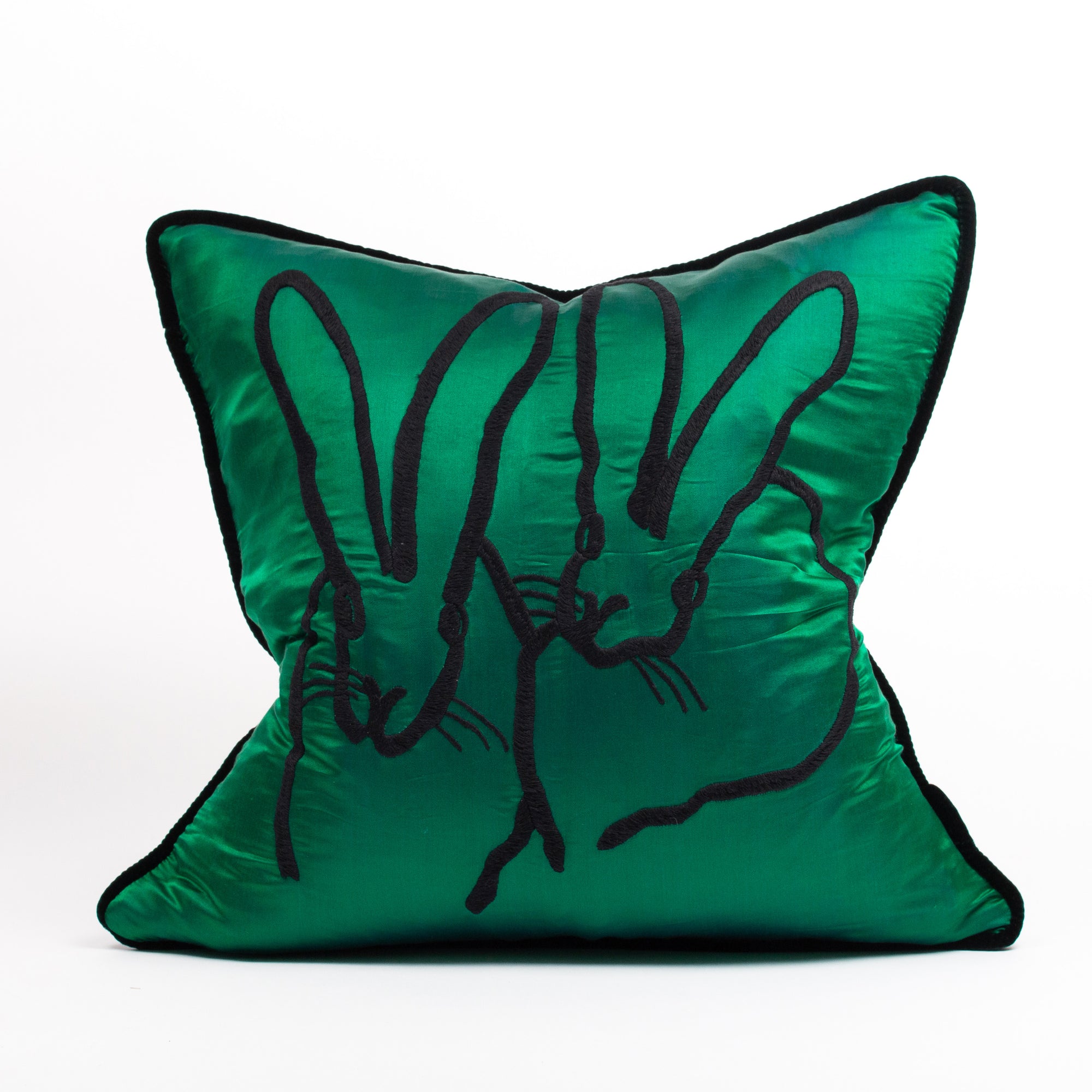 Hand Embroidered Silk & Velvet Bunny Pillow, 18 x 18