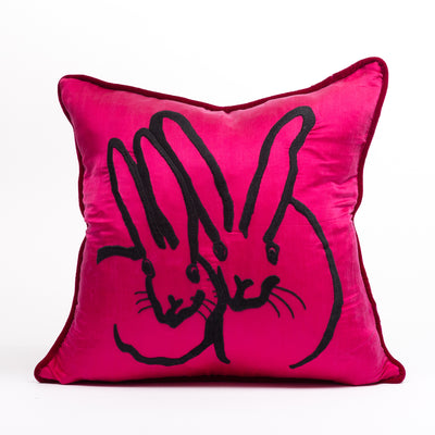 Hand Embroidered Silk & Velvet Bunny Pillow - Pink, 18 x 18
