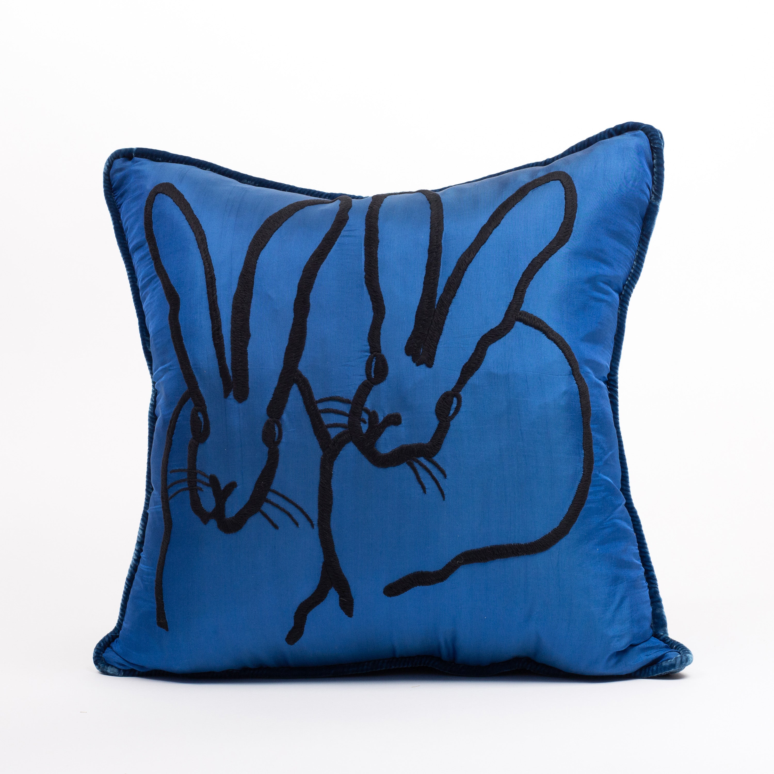 Hand-Embroidered Silk & Velvet Bunny Pillow, Cobalt, 20 x 20