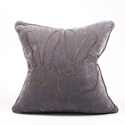 Hand Embroidered Velvet Bunny Pillow - Gray, 18 x 18