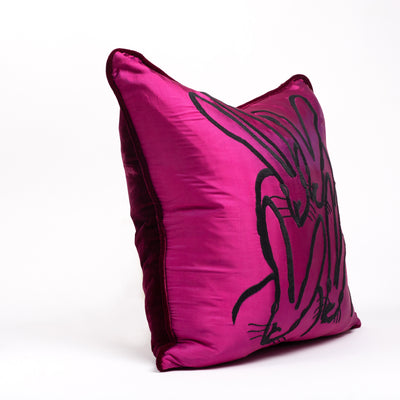 Hand Embroidered Silk and Velvet Pillow - Fuchsia, 22 x 22