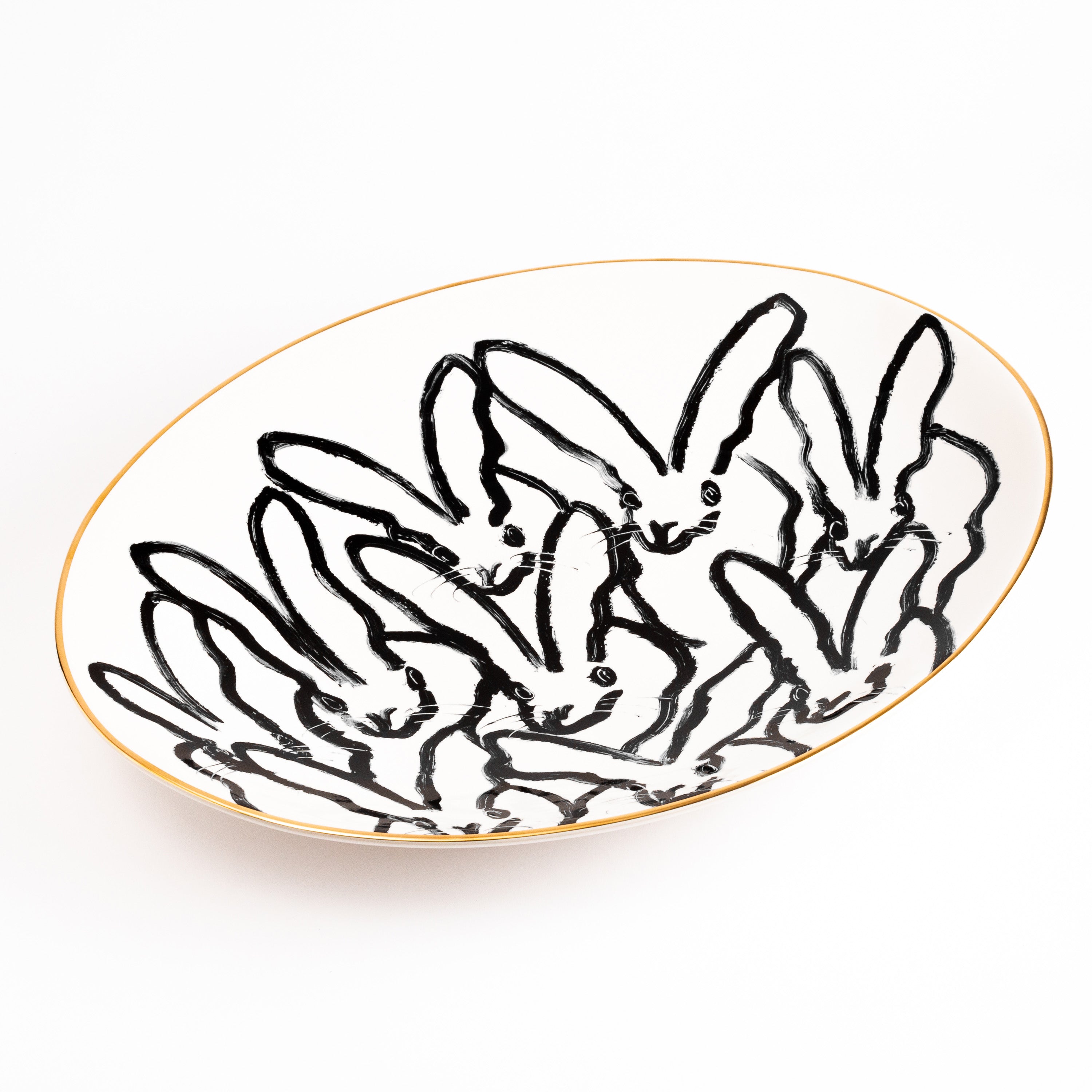 Rabbit Run Serving Bowl with Hand-Painted Gold Rim