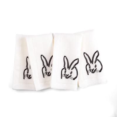 Painted Bunny Embroidered Linen Dinner Napkin, White with Black