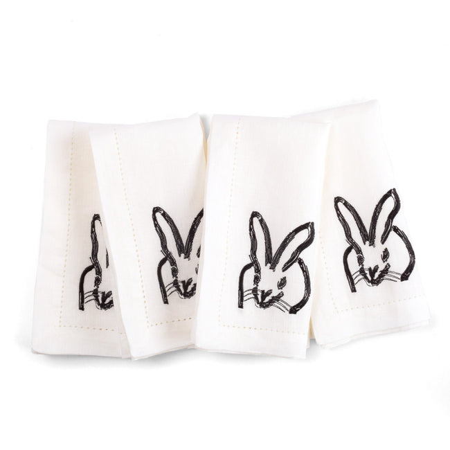 Painted Bunny Embroidered Linen Dinner Napkin, White with Black, Set of 2