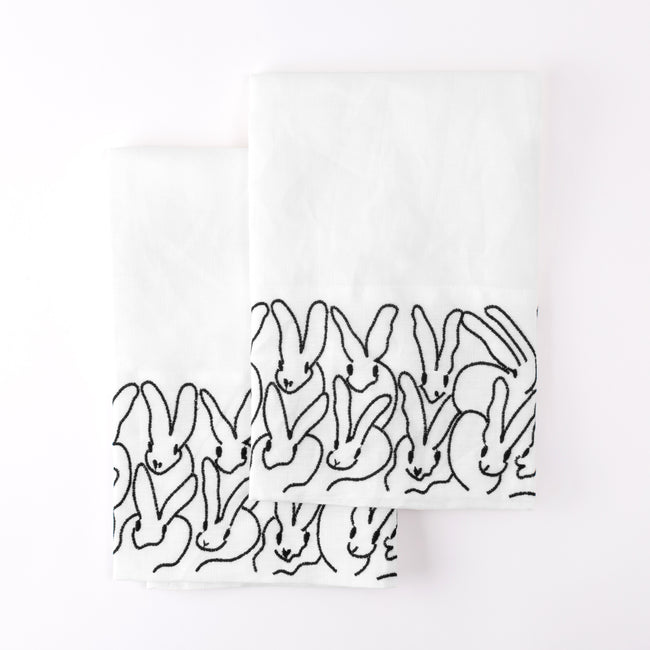 Rabbit Run Embroidered Linen Guest Towels in Black, Set of 2