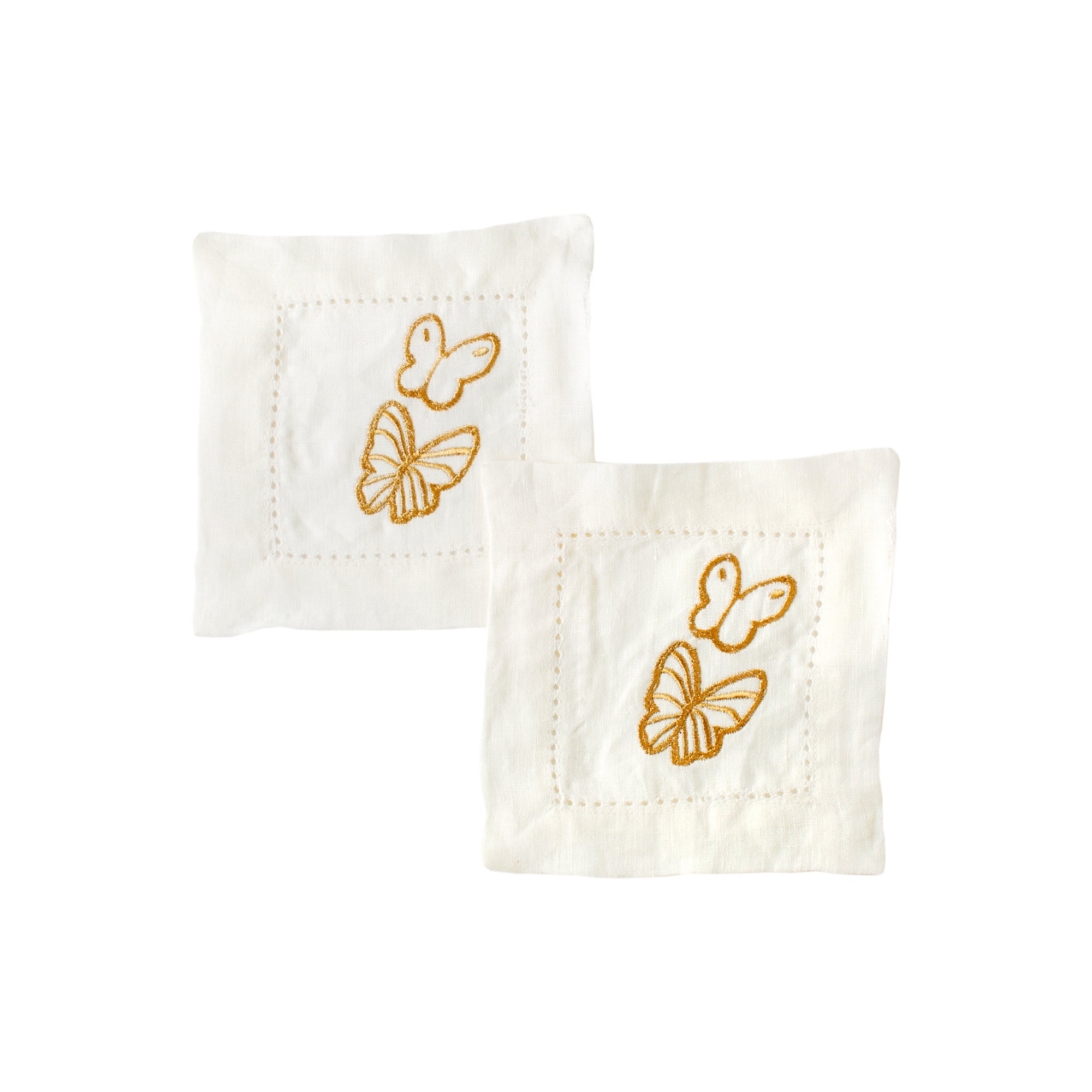 Gold Butterflies Embroidered Linen Cocktail Napkins in White, Set of 6 -  Hunt Slonem