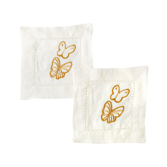 Gold Butterflies Embroidered Linen Cocktail Napkins in White, Set of 6