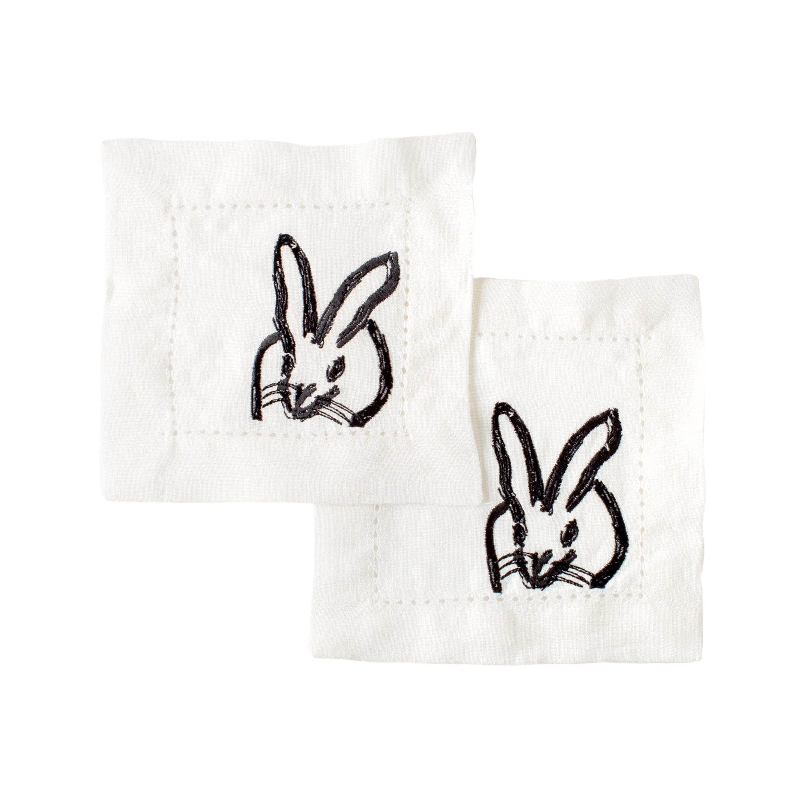 Black Bunny Embroidered Linen Cocktail Napkins in White, Set of 6