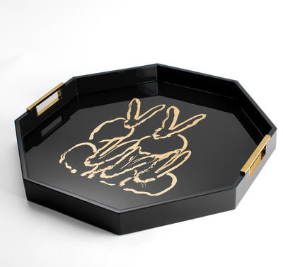 Regal Rabbits Gold Leaf & Lacquer Octagonal Tray, Black