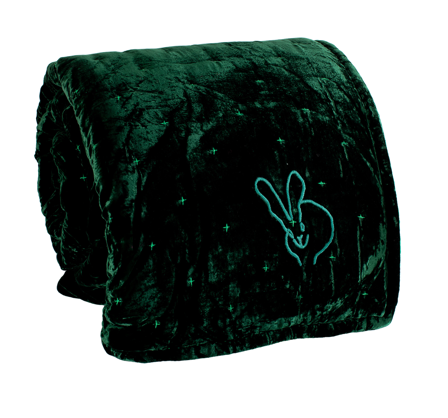 Hand-Embroidered Silk & Velvet Bunny Blanket, Emerald Green