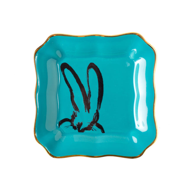 Set of 2 Bunny Portrait Plates, Turquoise with Hand-Painted Gold Rim