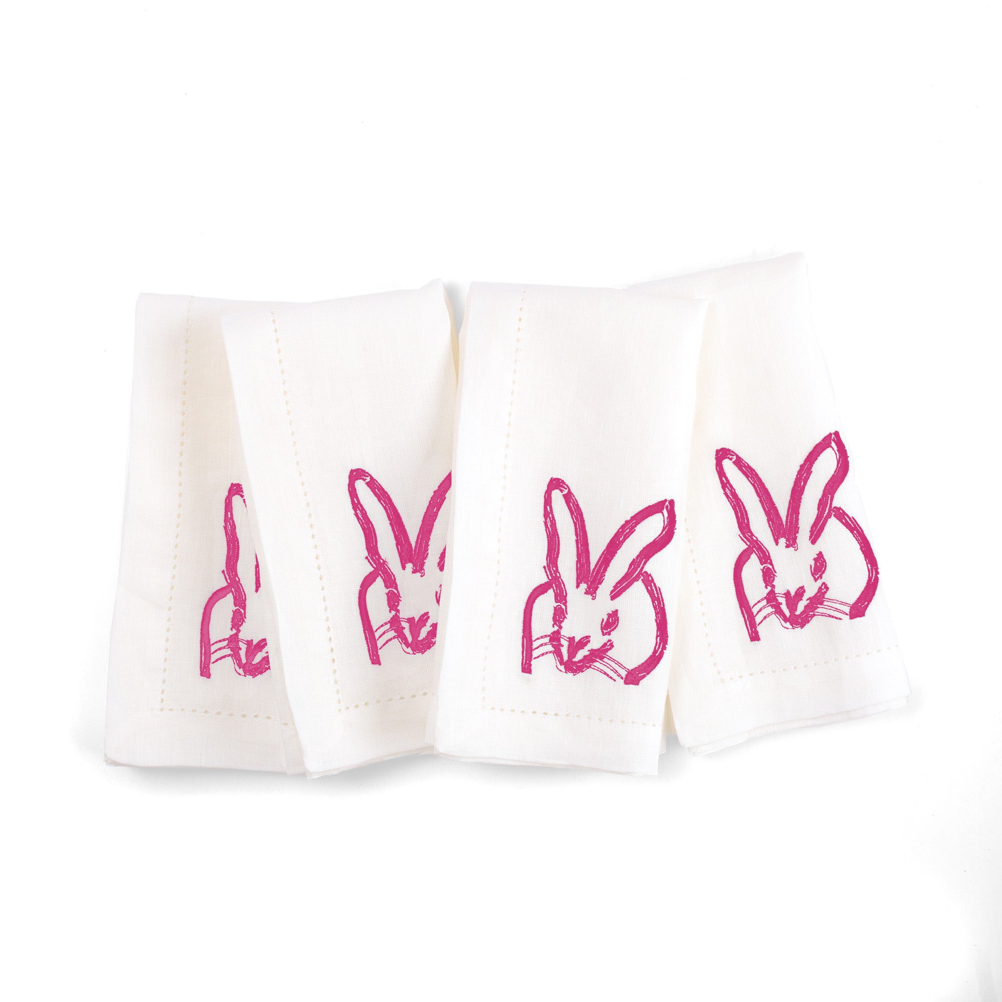 Painted Bunny Embroidered Linen Dinner Napkin, White with Pink
