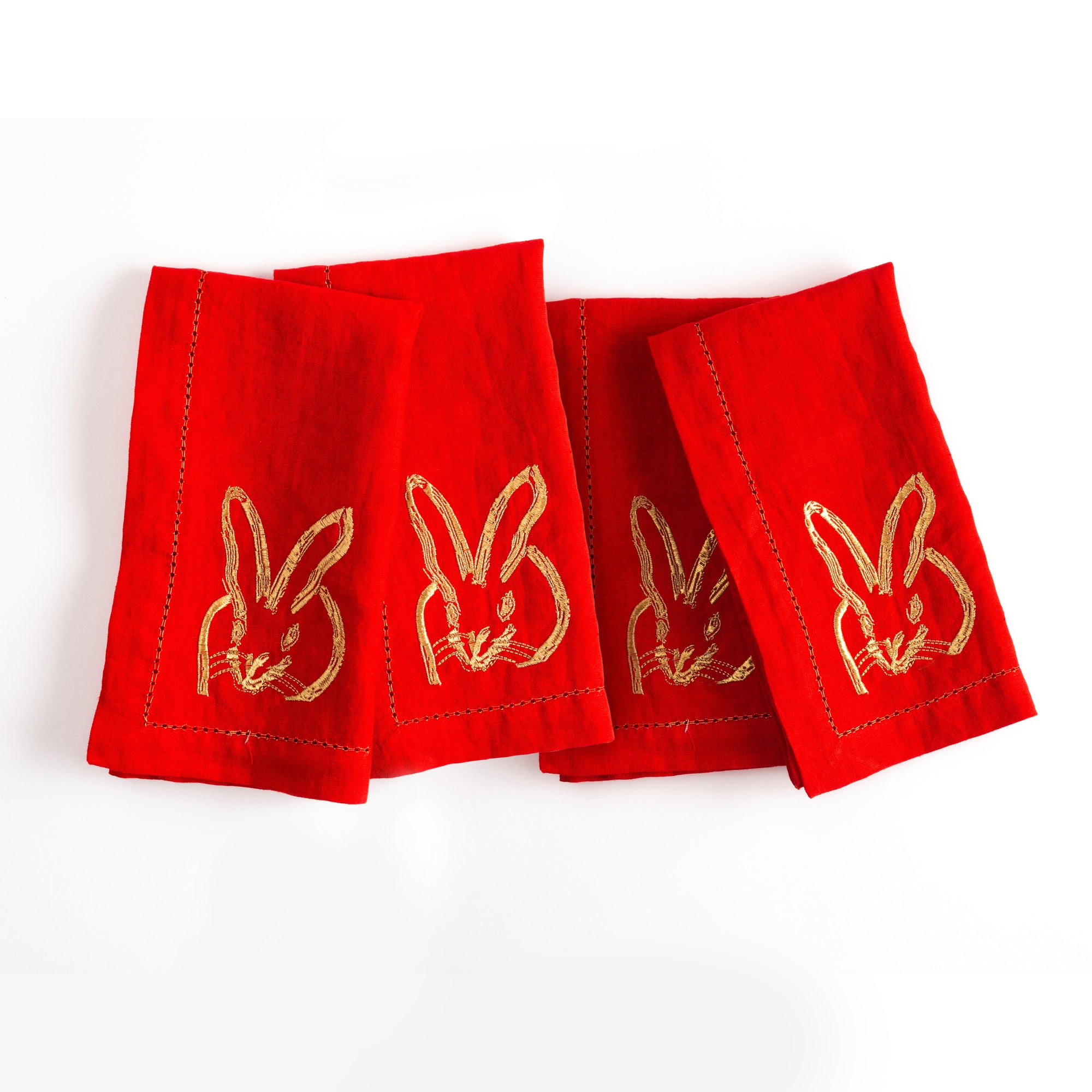 Painted Bunny Embroidered Linen Dinner Napkin, Red with Gold, Set