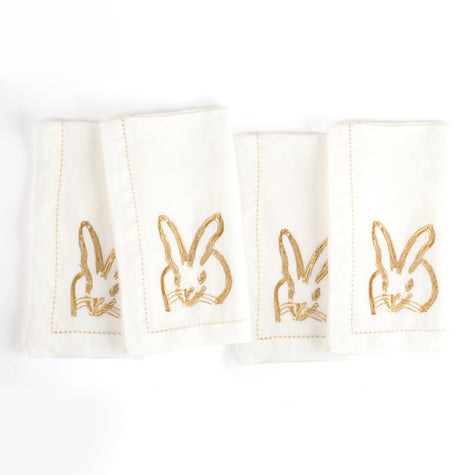 Painted Bunny Embroidered Linen Dinner Napkin, White with Gold, Set of 2
